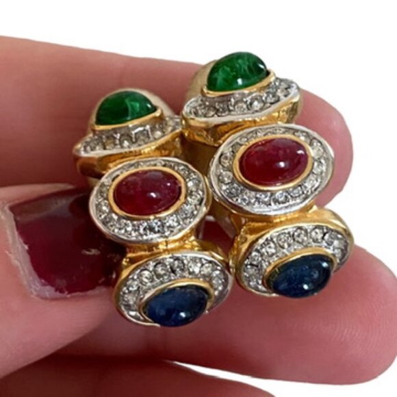 Vintage 80s Unsigned Christian Dior Earrings HuggiesCabochon and Pave Rhinestone - Picture 3 of 8